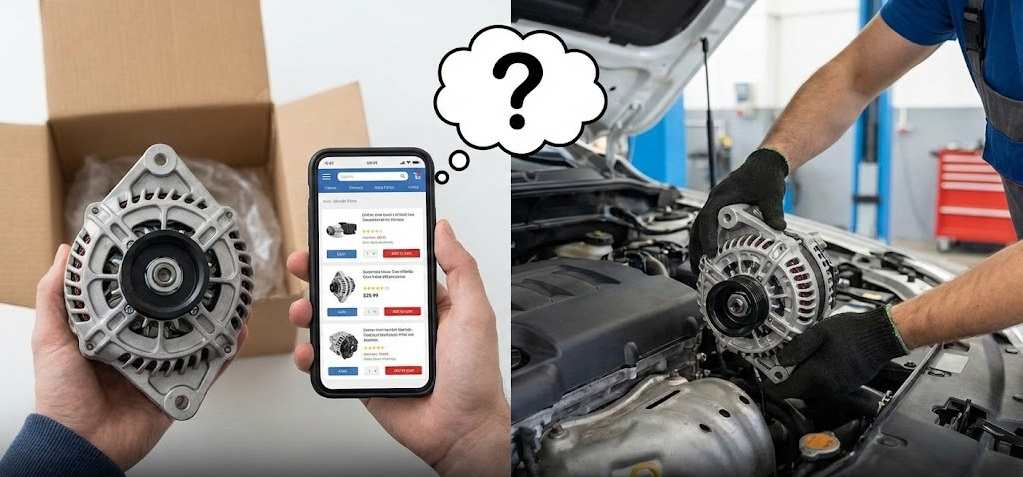 Split view of a driver purchasing an alternator online and a professional mechanic installing the customer-supplied part into a vehicle engine.