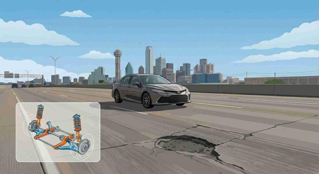 A sedan driving on a Dallas highway with the city skyline in the background, approaching a pothole, with an inset diagram showing a car suspension system including shocks and struts.