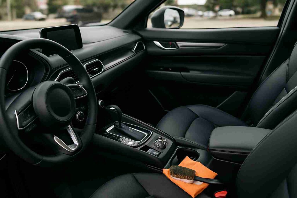 Interior view of a car featuring a sleek black leather seat, highlighting the importance of maintaining upholstery in Dallas.