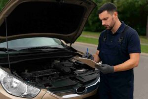 A man inspects his car engine during a mobile mechanic car inspection.