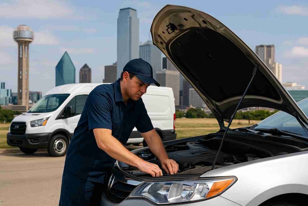 A man is working on a car's hood, representing mobile mechanic costs in Dallas.