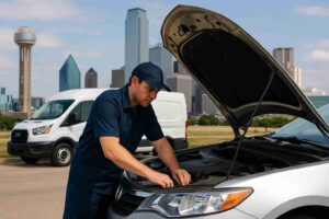 A man is working on a car's hood, representing mobile mechanic costs in Dallas.