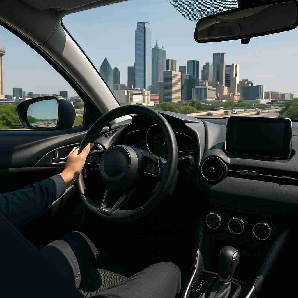 A person driving a car with a city skyline in Dallas, illustrating urban driving tips for ergonomics and efficiency.