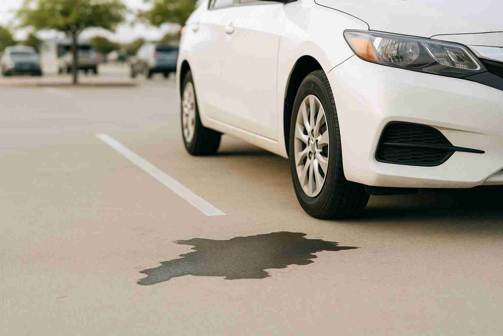 Dark fluid leak under a white car parked in a Dallas parking lot