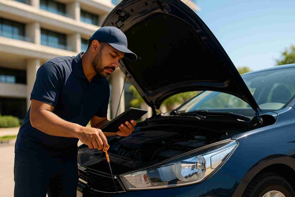 A professional mobile mechanic checking a car's oil with a dipstick while referencing a tablet on a sunny day in Dallas, with a modern building and clear sky in the background. Fuel efficiency checking
