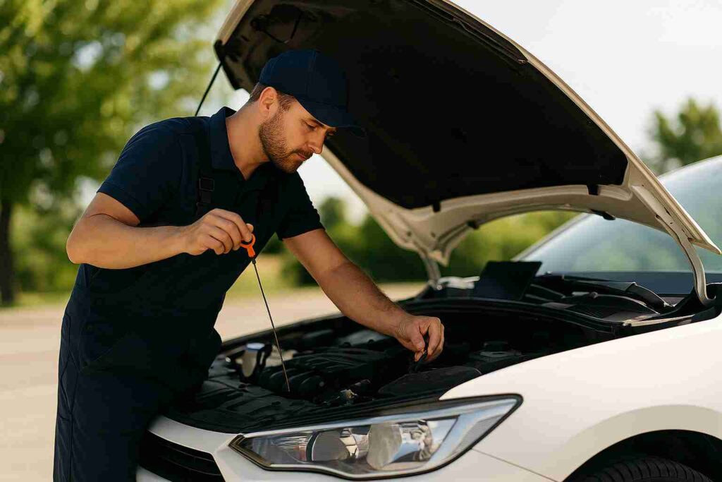 Mechanic doing a pre-trip check on a car in Dallas on a sunny day.
