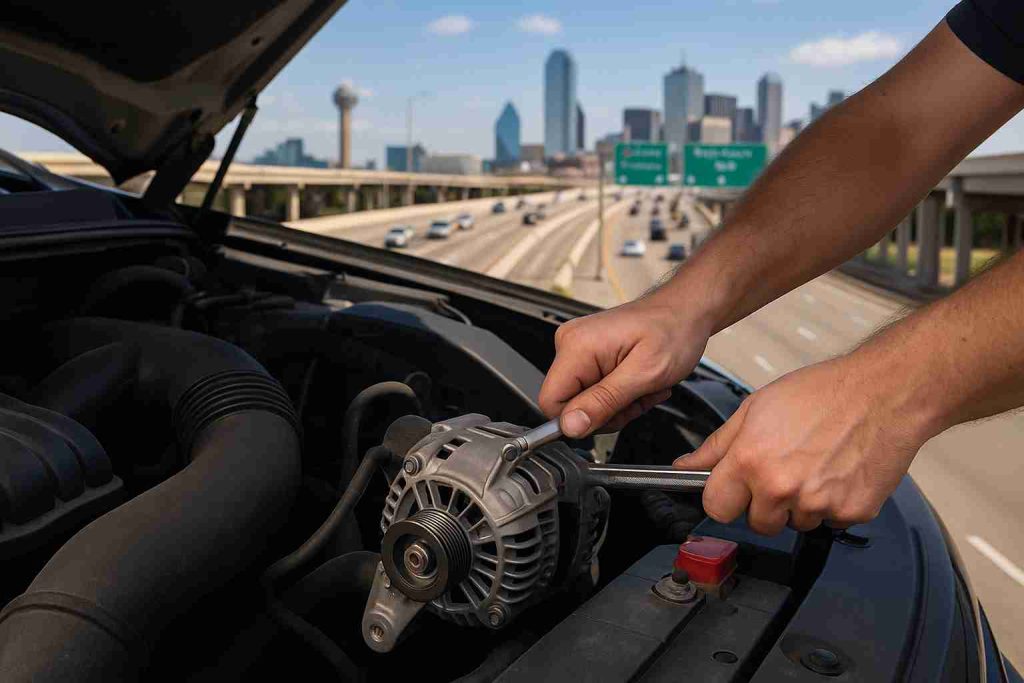 Mechanic fixing a car alternator with Dallas skyline and busy freeway in the background on a sunny day.