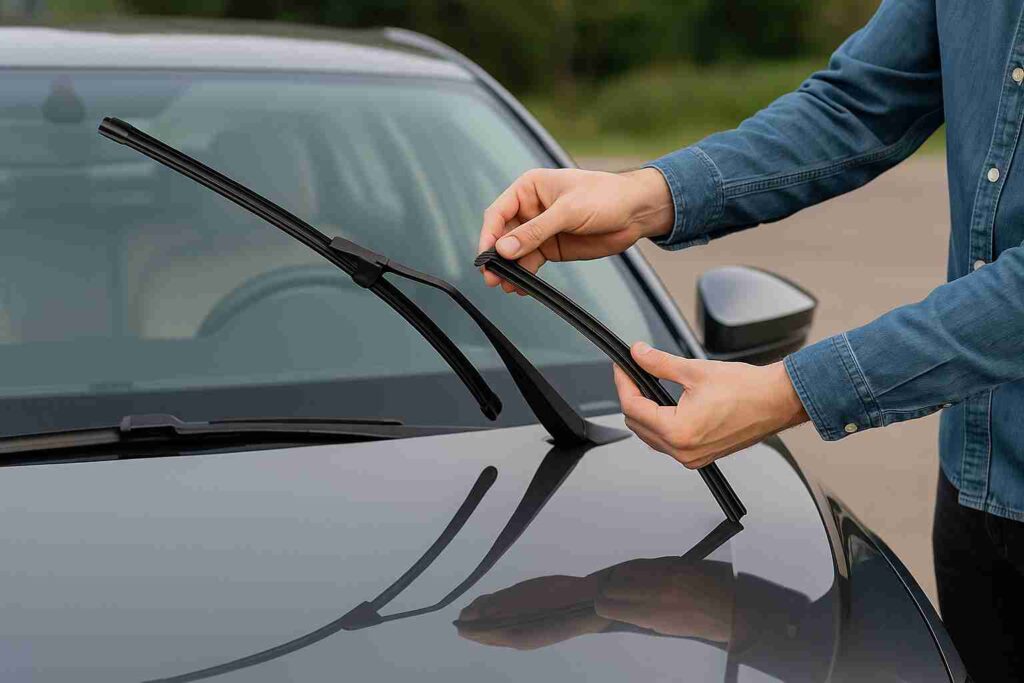 Person inspecting a car’s windshield wiper during a pre-trip check on a cloudy day in Dallas.