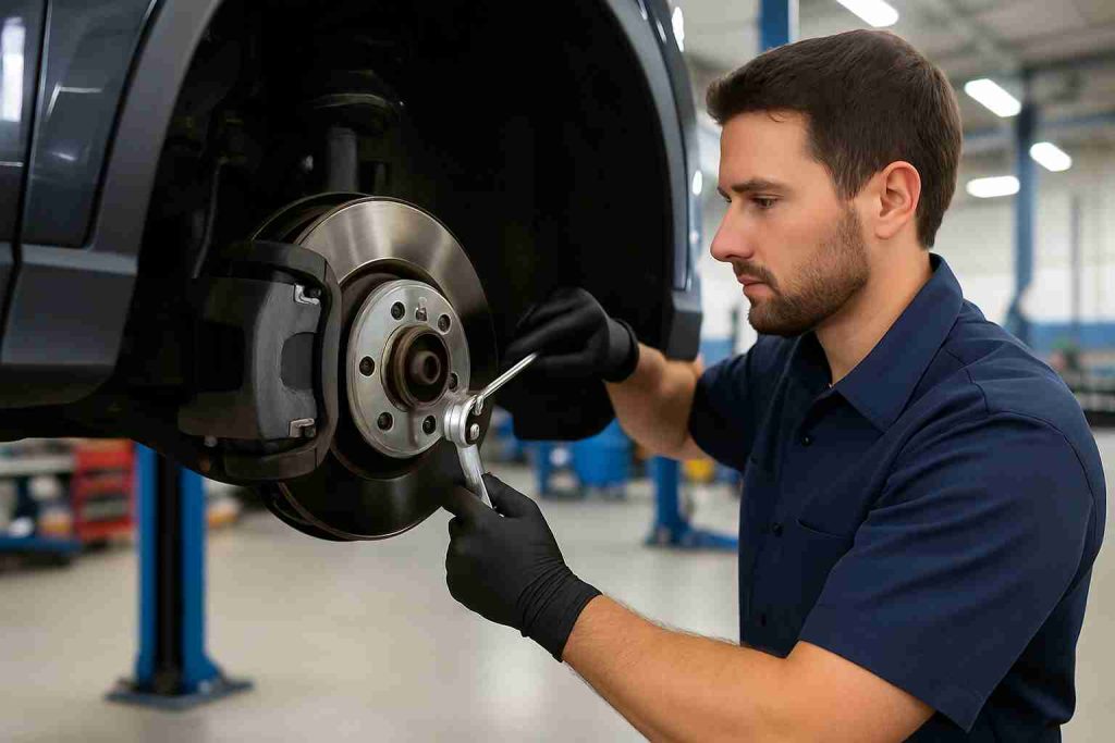 Mechanic replacing brake pads on a car in a professional Dallas auto repair shop