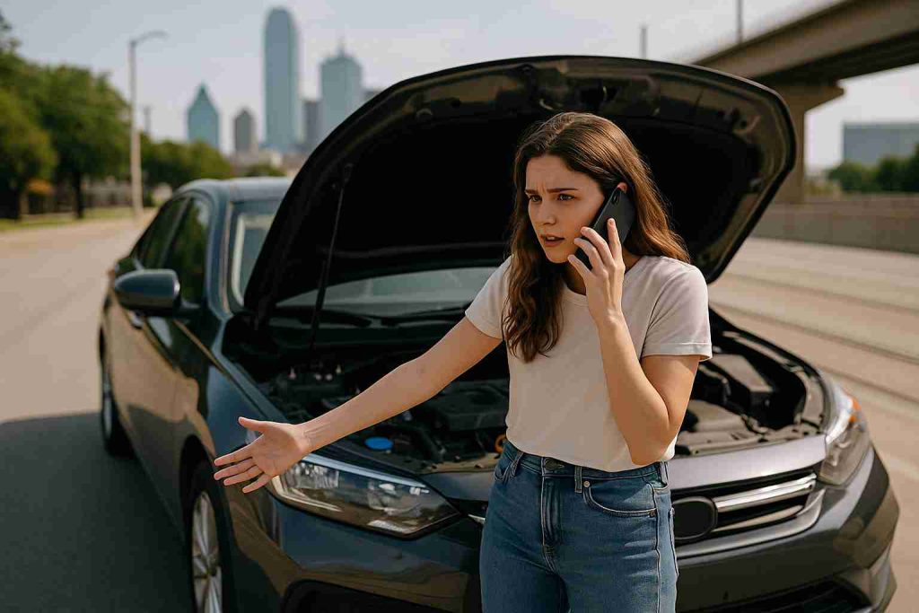 A concerned woman stands next to her broken-down car on a Dallas street, talking on the phone with the hood up, seeking mobile roadside assistance.
