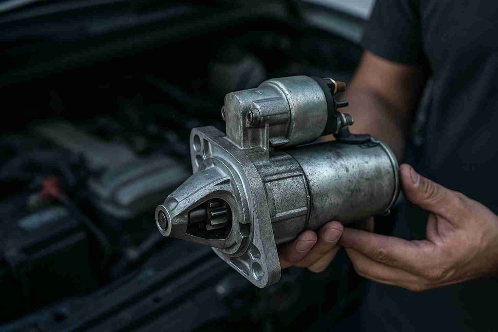 Mechanic holding a worn car starter motor in front of vehicle engine in Dallas garage