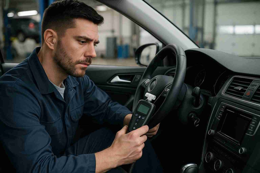 Mechanic inspecting an ignition interlock device in a vehicle at a professional repair shop