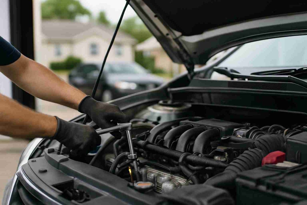 Mechanic checking car engine for tune-up signs at a Dallas auto shop.