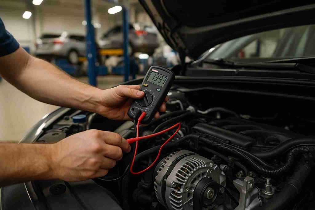 Mechanic testing car alternator with multimeter in a professional Dallas auto repair shop