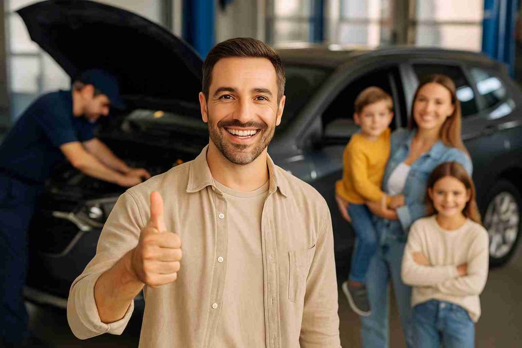 Happy family at a Dallas auto repair shop after a car tune-up, smiling with their vehicle in the background