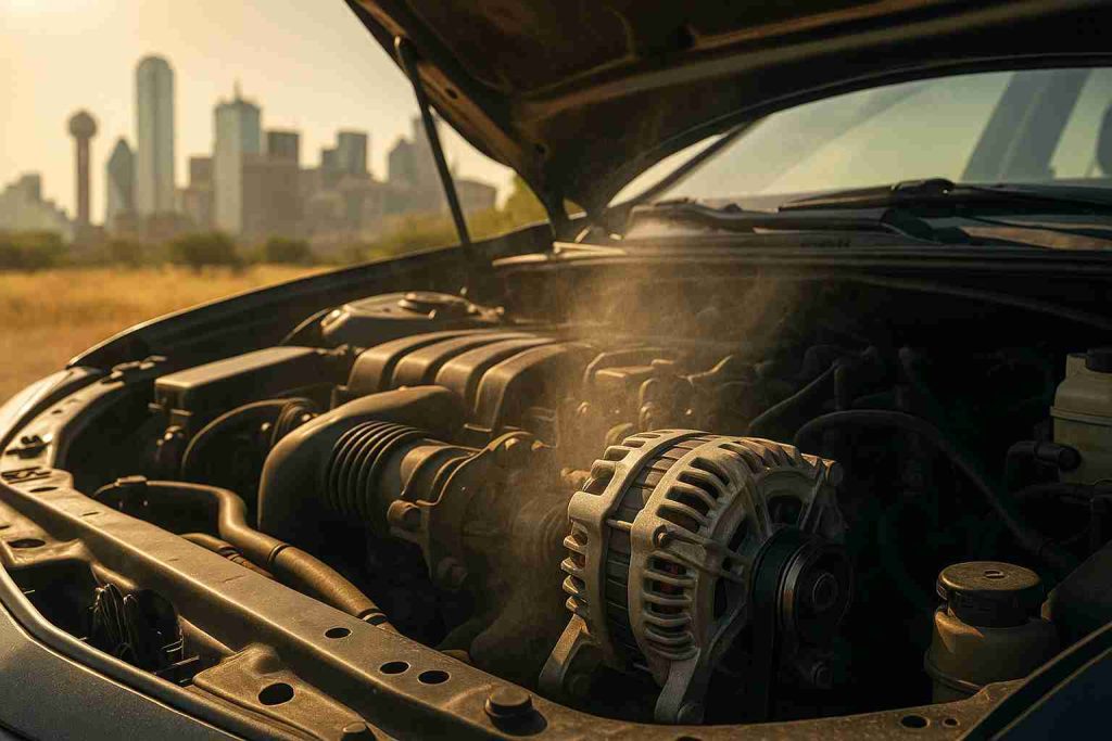 Car alternator under open hood in Dallas’s extreme summer heat with the Reunion Tower skyline in soft focus