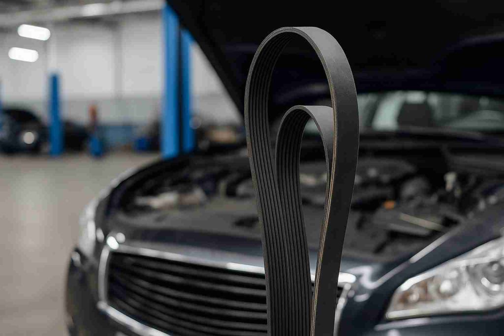 Close-up of a serpentine belt in a bright auto repair workshop with a car hood open in the background