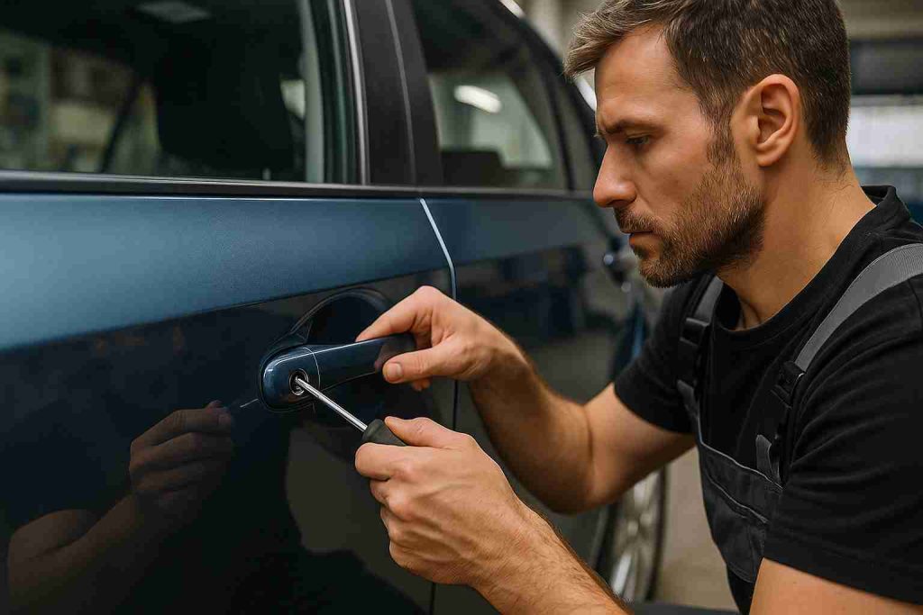 Mechanic repairing a car door lock not working in an auto workshop